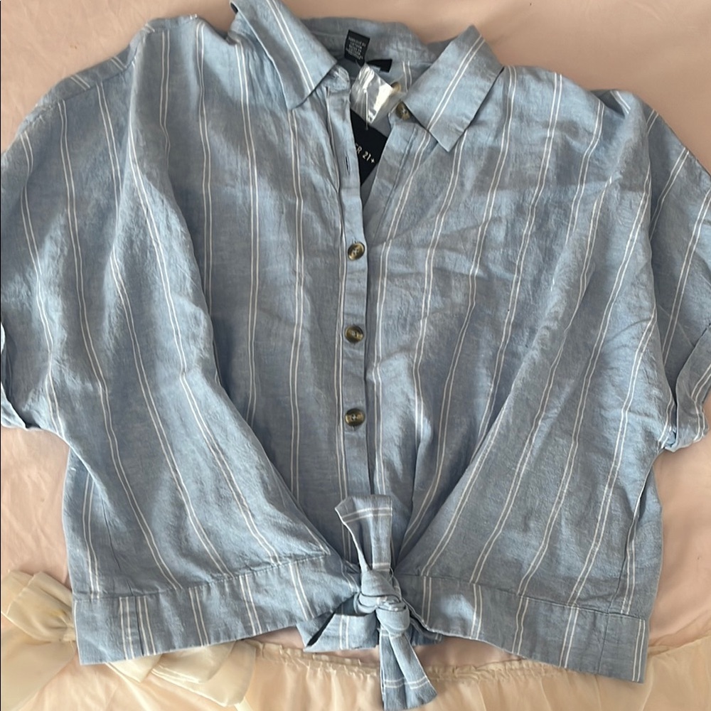Forever 21 Light Blue Striped Button-Up Blouse